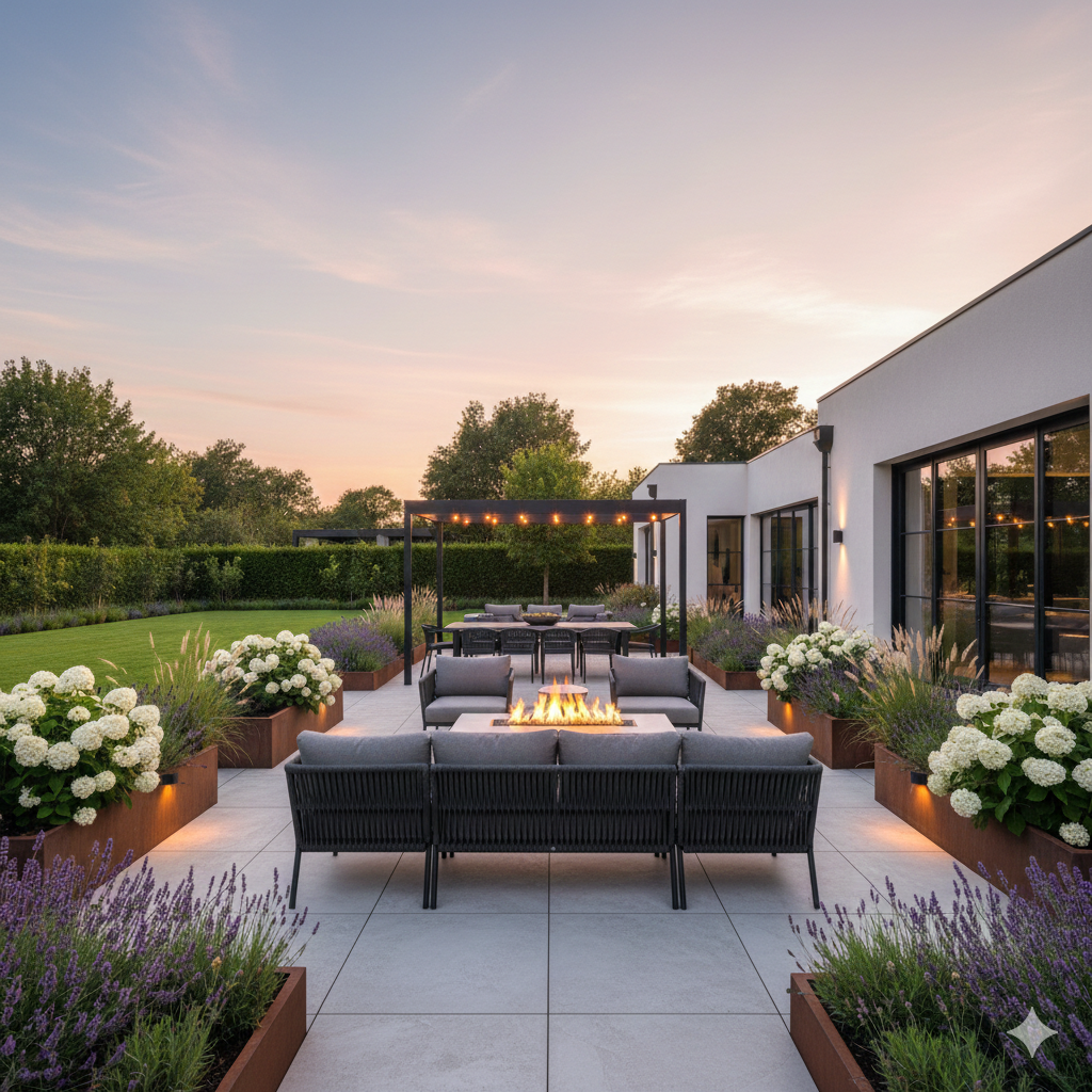 Terrasse mit Sitzbereich und bepflanztem Garten