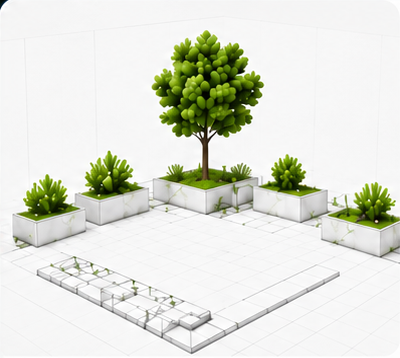 Gartenentwurf mit Pflanzflächen und Terrasse
